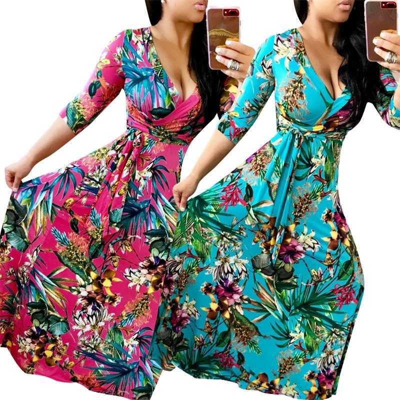 Woman Maxi Dresses Spring Fall V Neck Floral Printed Ruffle Lace Up Casual Dress Plus Size 3XL