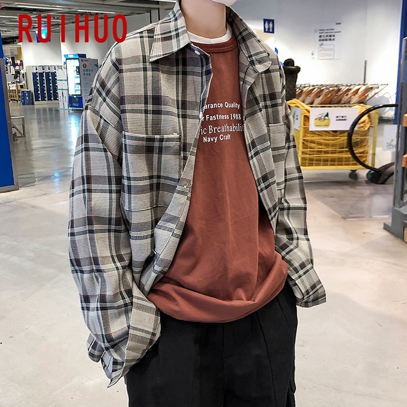 RUIHUO Plaid Men Shirts For Clothing Korean Style Long Sleeve Clothes 5XL Spring 220322