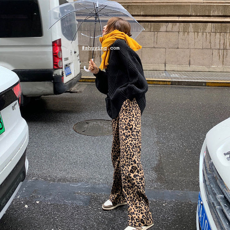 Korean leopard print wide leg pants high waist straight tube casual loose thin mop fashion sweat 220325