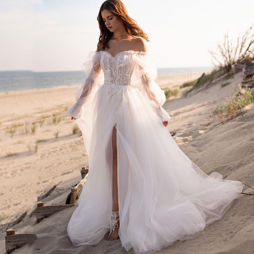 Sexy A-Line Wedding Dresses Long Sleeves Straps Sweetheart Hollow Lace Appliques Sequins Sweep Floor Length Backless Side Slit Plus Size Boho Wedding 