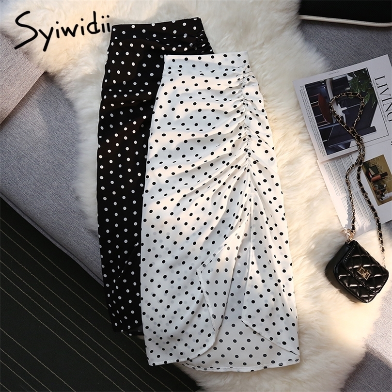Syiwidii Shirring Side Slit Women's Skirts Polka Dot Print White High Waist Back Elastic Band Elegant Ladies Midi Long Skirt 220317