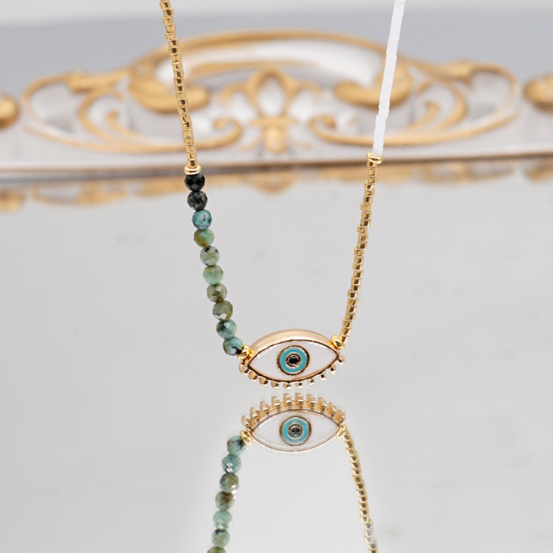 Miyuki Glass Beads White Pearl Evil Eye Pendant Necklace Summer Jewelry