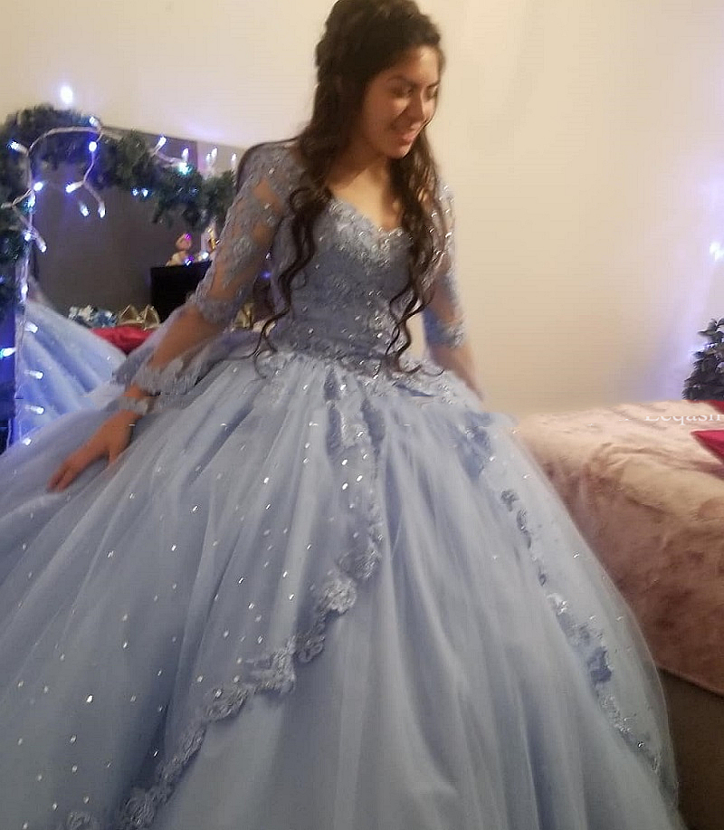 Charming Princess Quinceanera Dresses Ball Gown Bell Long Sleeve Light Sky Blue Lace Tulle Prom Debutante Sixteen Girls Sweet 16 Dress Juniors vestido