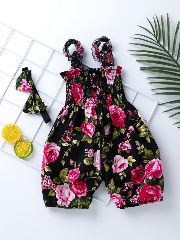 Baby girl flower pleated upper body suspender, Jumpsuit shorts and hair belt SHE