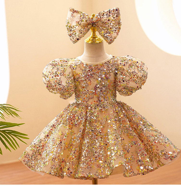 Elegant Gold Princess Sequined Blingbling Floor Length Ball Gown Pageant Dresses For Teens Toddler Girls Flower Dress 403