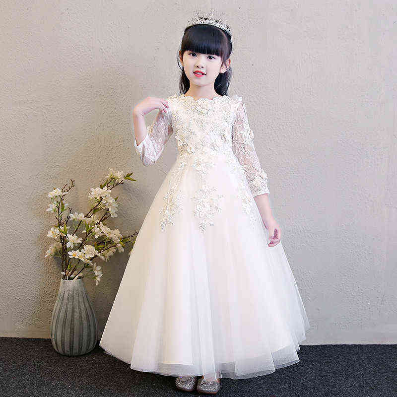 Elegant Pink Tulle Flower Girl Dress for Wedding Long Sleeve Appliques Kids Party Prom Dress First Communion Dresses Princess Y220510