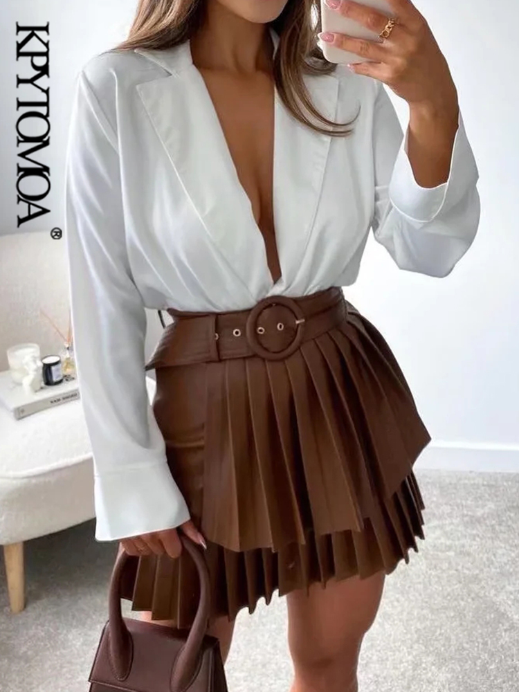 KPYTOMOA Women Fashion With Belt Faux Leather Pleated Mini Skirt VIntage High Waist Side Zipper Female Skirts Mujer 220322