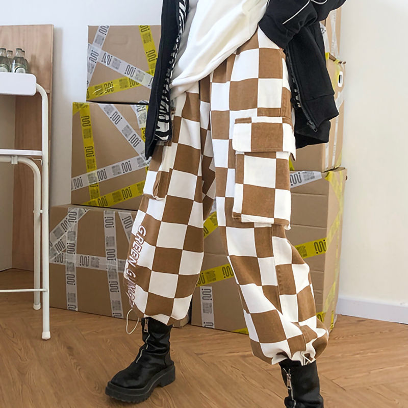 HOUZHOU Cargo Plaid Pant Hippie Harajuku Y2k Oversize Baggy Checked Trousers Female Streetwear Wide Leg Korean Fashion 220325