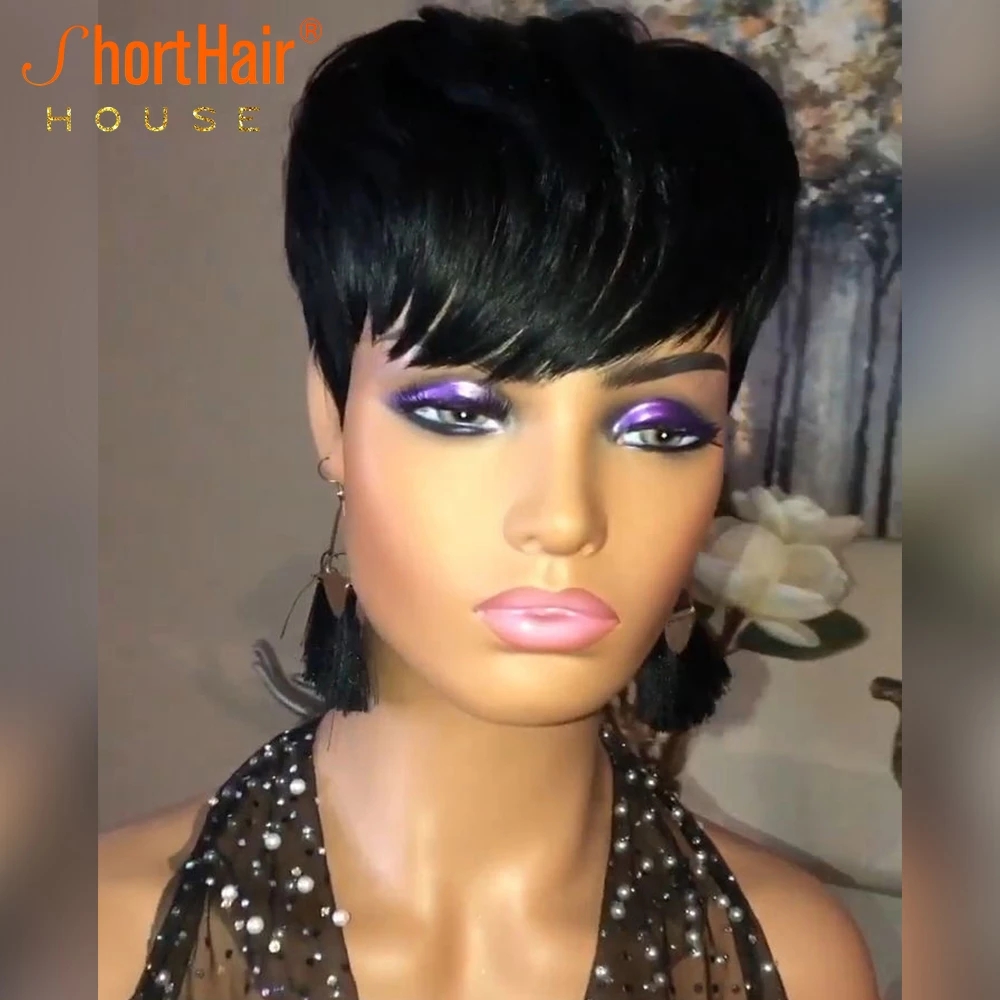 Red Color Short Bob Pixie Cut Wig Full Machine Made No Lace Front Human Hair Wigs With Bangs For Black Women