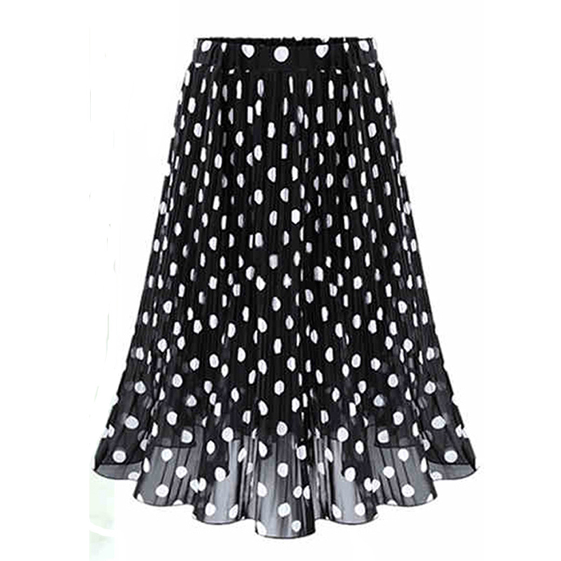Women's Black White Tulle Polka Dot Chiffon Pleated Summer Skirts Casual Vintage Korean Midi Flared For Ladies Elastic Elegant 220322