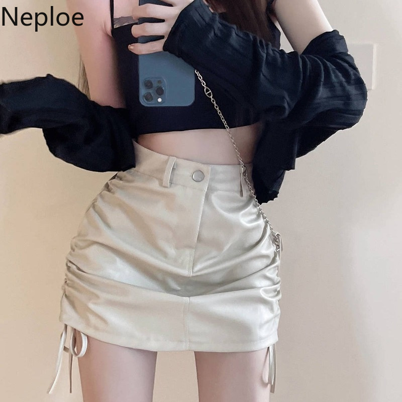 Neploe Chic PU Women Skirts Black Faldas De Mujer High Waist Slim Fit Sexy Jupe Korean Drawstring Bodycon Mini Skirt 27c996 220322