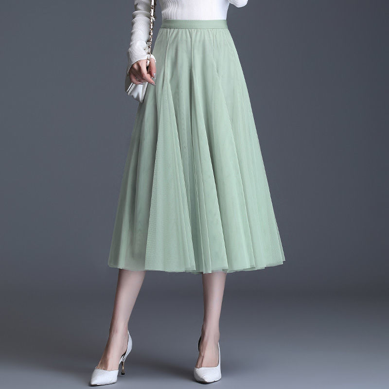 Winter Antumn Mesh Skirt Women Casual Long Skirts Elegant Faldas Saia Retro Elastic Waist Robe 220322