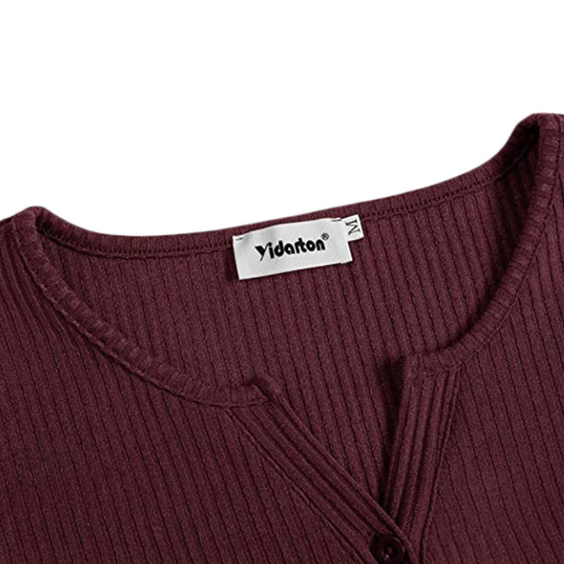 Women Spring T-Shirt, Solid Color Ribbed Henley Neck Long Sleeve Slim-fitting Pullover for Girls, Autumn 220321