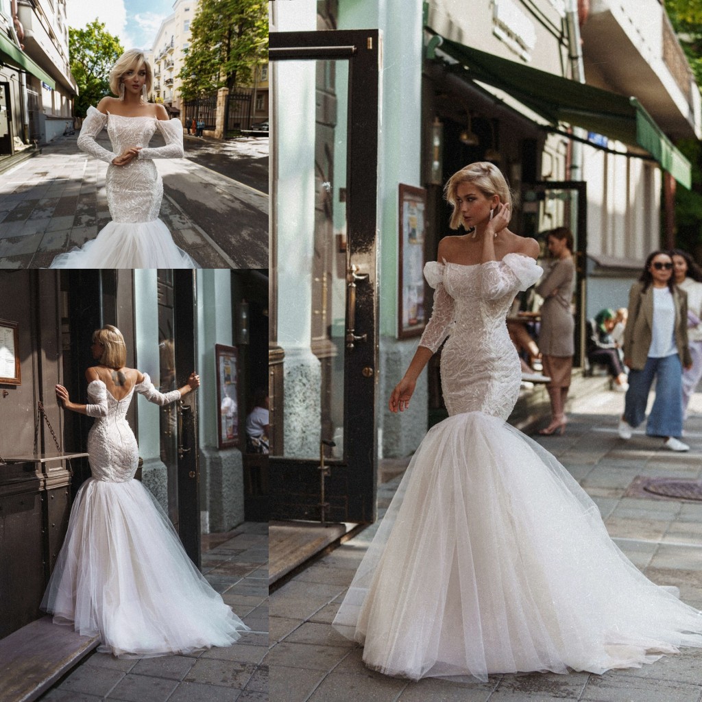 Fishtail Mermaid Beach Wedding Dresses Off Shoulder Long Sleeve Lace Tulle Outdoor Bohemian Bridal Gown vestidos de novia pegados
