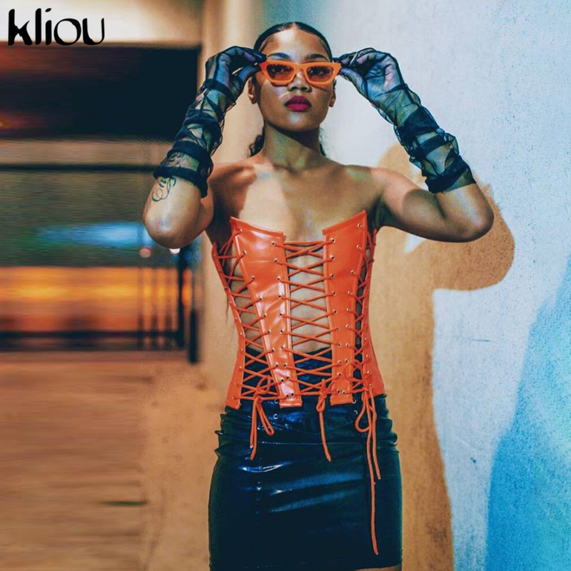 Kliou Hollow Out Bandage Faux Leather PU Tank Top Women Solid Streetwear Backless Sleeveless Sexy Party Clubwear Outfits 220325