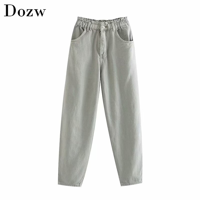 Vintage High Waist Jeans Women Paperbag Pants Streetwear Elastic Pleated Denim Trousers Casual Long Pocket Mom 210515