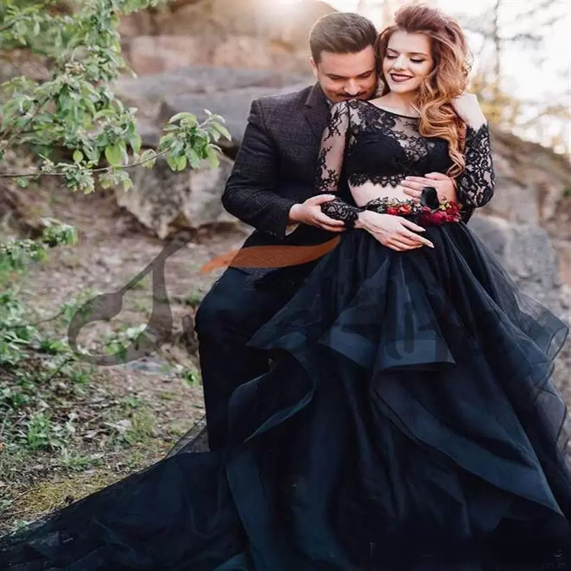 Black Dresses Two Piece Bridal Gown Long Sleeves Lace Applique Scoop Neck Ruffles Plus Size Custom Made Wedding Party Gowns Vestido De Novia