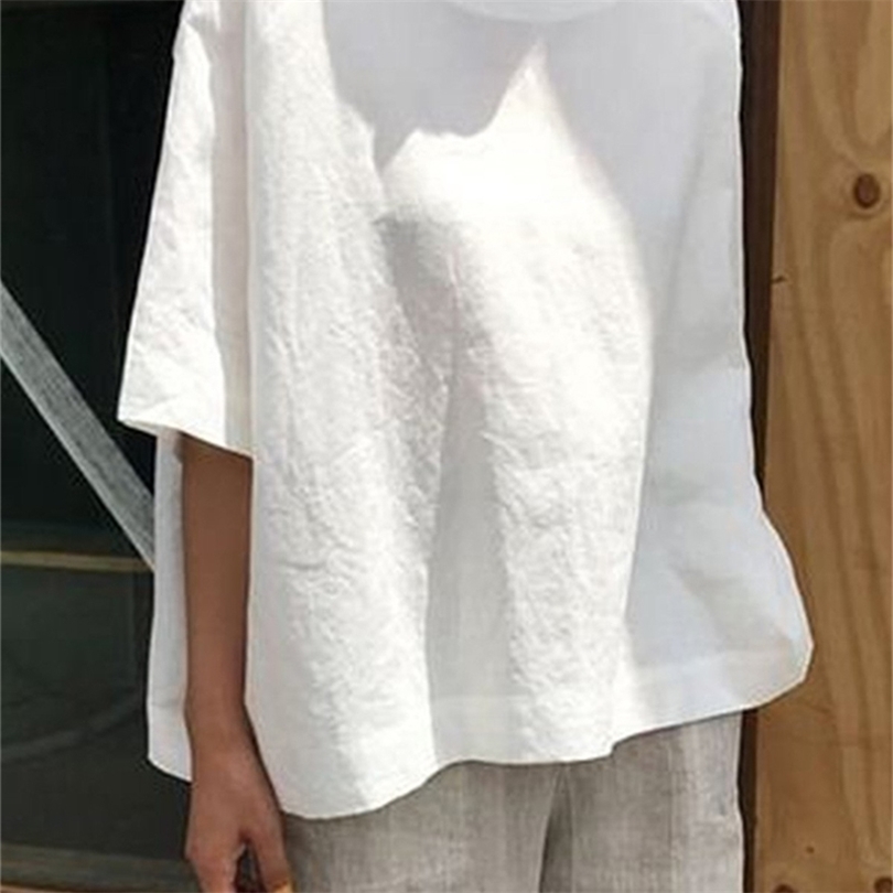 Solid Cotton Linen TShirt Causal ONeck Half Sleeve Shirts Plus Size Loose Women Tee Shirt Simple Women Summer Tops T200614