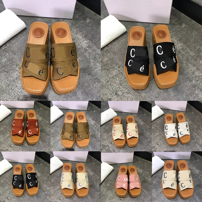 

Women Designer Sandals Woody Espadrille Platform Wedge Mules Canvas Slides Slipper Thong Slingback Square Toe size 35-42, Item #1