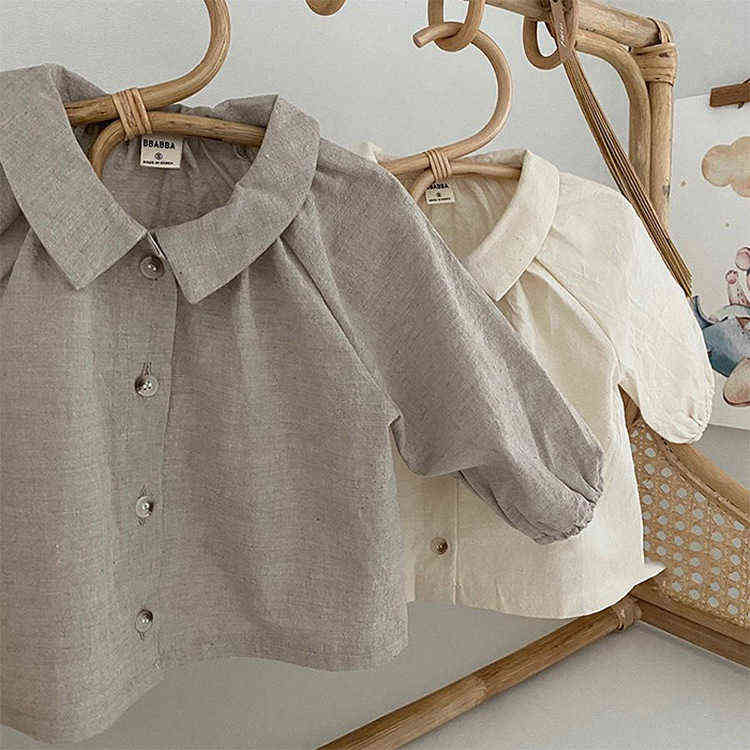 New Summer Korean Cute Baby Boys Girl Clothes Sets Doll Lapel Shirt Long Sleeve Lantern Shorts Suit Children's Clothing Suit AA220316