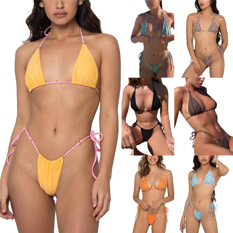 Women's Swimwear Women's Summer 2Pcs Bikini Sets Solid Color/Dot Print Hanging Neck Bra Tie Up Thong Sexy Beach 7 ColorsWomen's