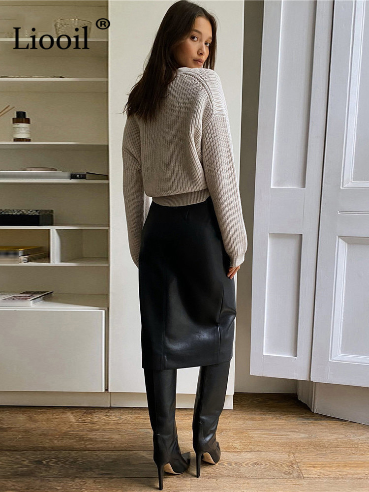 Women Faux Leather Slit Pencil Office Skirt Autumn Spring Streetwear High Waist Black Brown Sexy Bodycon Midi Skirts 220317