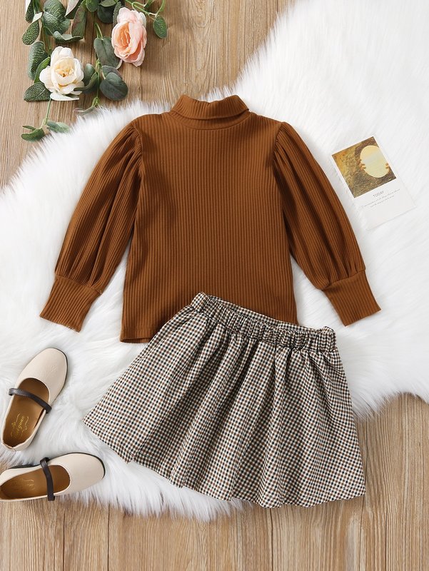 Toddler Girls Turtleneck Lantern Sleeve Sweatshirt & Plaid Print Buckle Skirt SHE