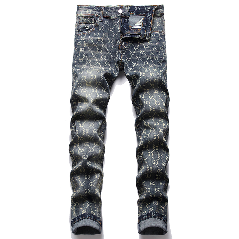 Blue Men's Slim Print Jeans Pantalons pour hommes 2022 Autumn Micro-elastic Trendy Denim Pants Vaqueros de los hombres