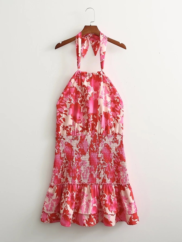 Sexy Red Floral Print Backless Summer Women Boho Mini Dress Bodycon Sleeveless Beach Lace Up Bowknot Drop Dress Sundress 220511