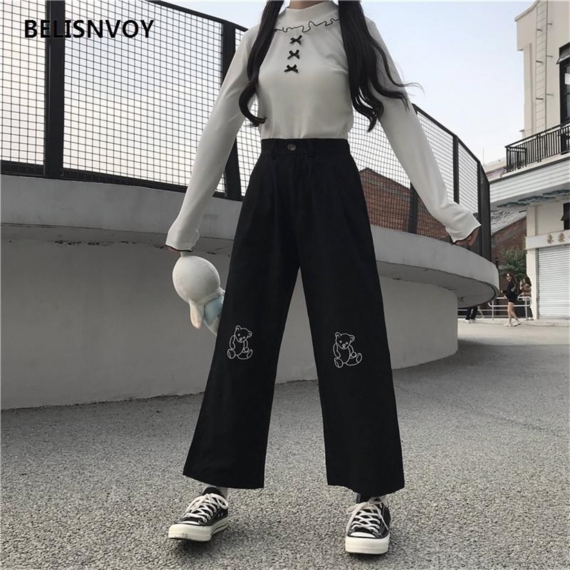 Japanese Kawaii Harajuku Teen Girls Loose Bear Embroidery Wild Leg Baggy Pants Casual Female Sweet Cute Sweatpants Trousers 220325