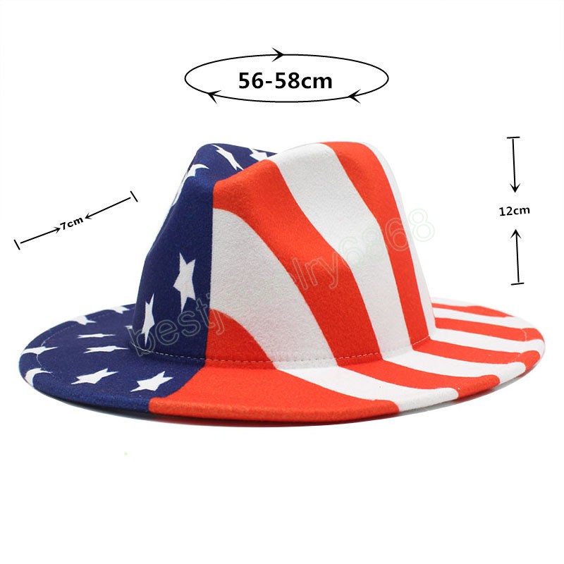 Fashion Patchwork Fedora Hats for Women Men American Flag Print Felted Jazz Hat Panama Party Trilby Cowboy Cap