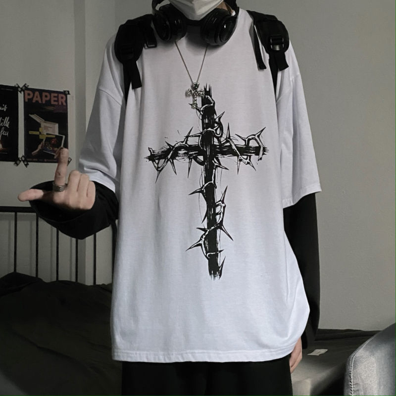 Grunge Clothes Women Autumn Long Sleeve Emo T-shirts Harajuku Men Cross of Thorn Goth Top Alt Aesthetic Streetwear Tshirts 220525