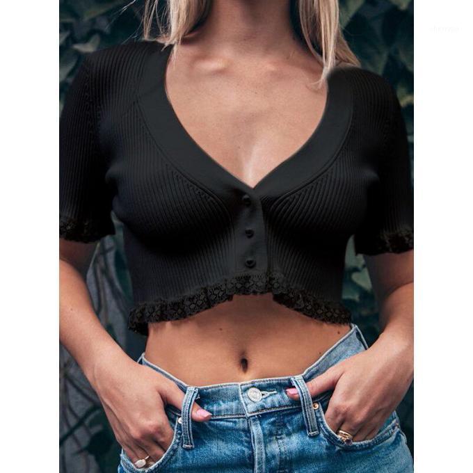Women' T-Shirt Sweet Summer Solid Ruffles Single-breasted Crop Tops V-neck Short Sleeve Knitted T-shirts Fashion Casual Tees, Black
Women' T-Shirt Sweet Summer Solid Ruffles Single-breasted Crop Tops V-neck Short Sleeve Knitted T-shirts Fashion Casual Tees, Black