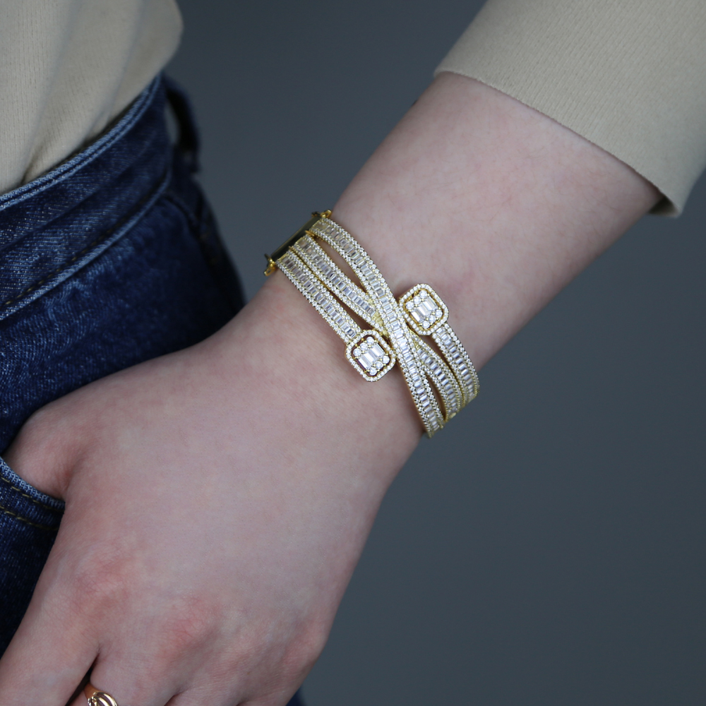 Baguette CZ Bracelets Bangles Sparking Bling Cubic Zirconia Gold Silver Color Luxury Fashion Multi Layered Band Jewelry
