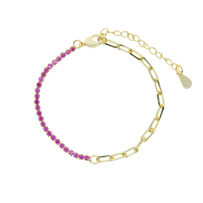 Rainbow CZ Tennis Bracelet for Women - Gold Paper Clip k Chain, Round Bezel Crystal Colorful Bracelets Jewelry