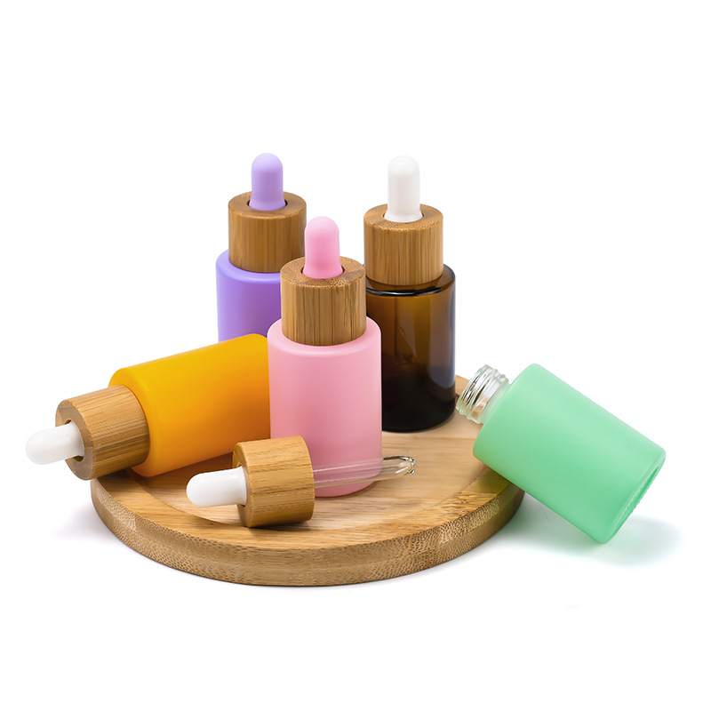 30ml Flat Shoulder Glass Essential Oil Perfume Bottles Transparent Amber Frosted 1oz Eye Dropper Bottle with Bamboo Cap