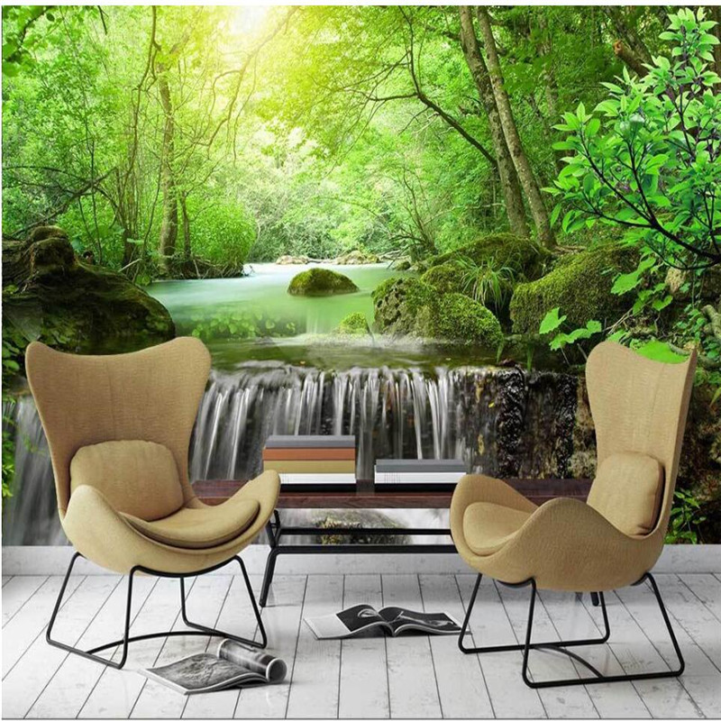 Sunshine trees green landscape water production financial TV wall background custom large fresco green wallpaper