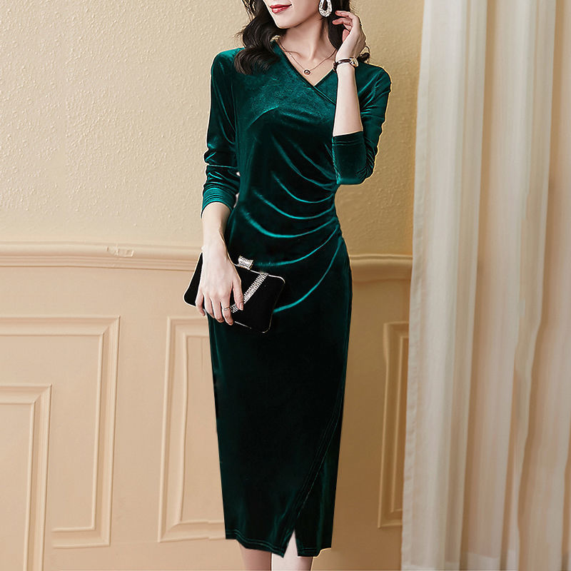 Winter Elegant Red Velvet Dress For Women Cross V Neck Long Sleeve Buttocks Pencil Dress Office Lady Blue Tight Plus Size Dress 220317