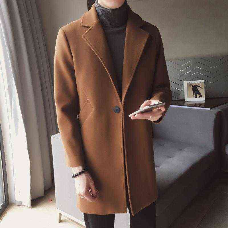 Men's Wool & Blends Single Button Men Trench Coat Windbreaker Korean Long Mens Tweed Leisure Trend Brand Fashion Chaqueta Invierno Hombre T220810