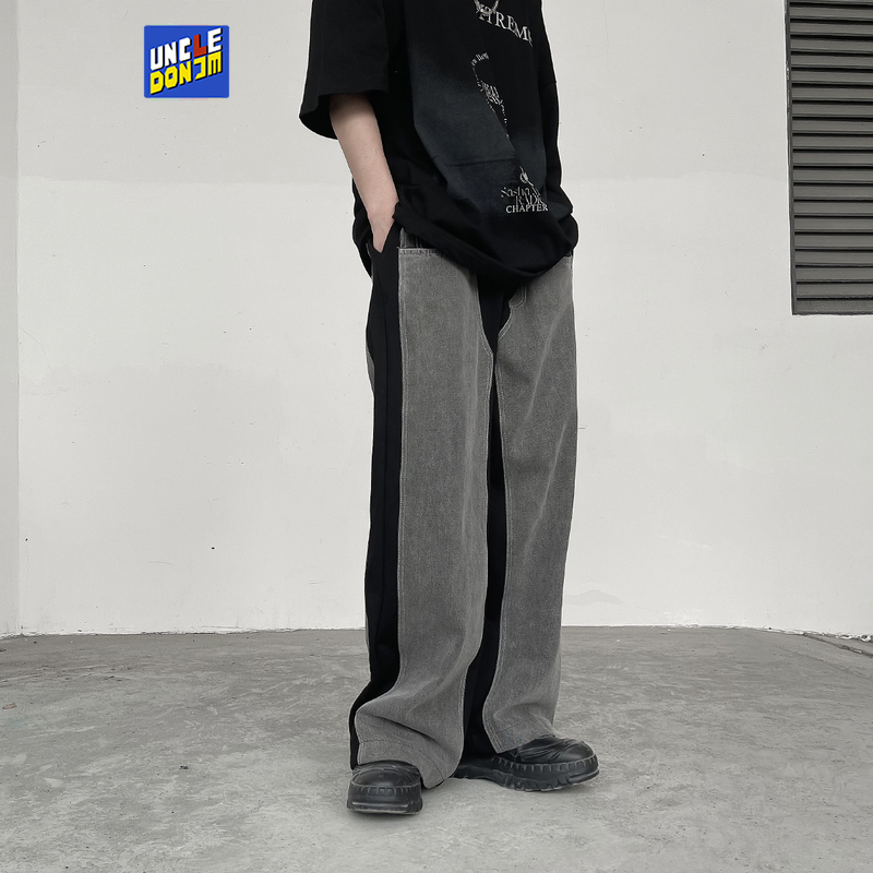 UNCLEDONJM Denim stitching baggy pants streetwear harajuku fashion sweat men loose Hip Hop punk trousers 220330