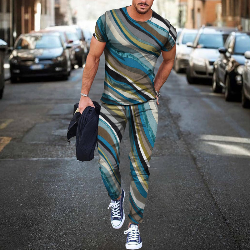 Summer European And American Colorful Gradient Pattern Men s 3d Digital Printing T shirt Trousers Two piece Set 220526