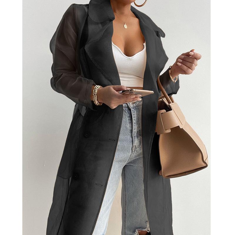 Women039s Jackets Women Spring Summer See Through Outdoor Long Coat Sheer Mesh Full Sleeve Buttoned With BeltWomen039s
