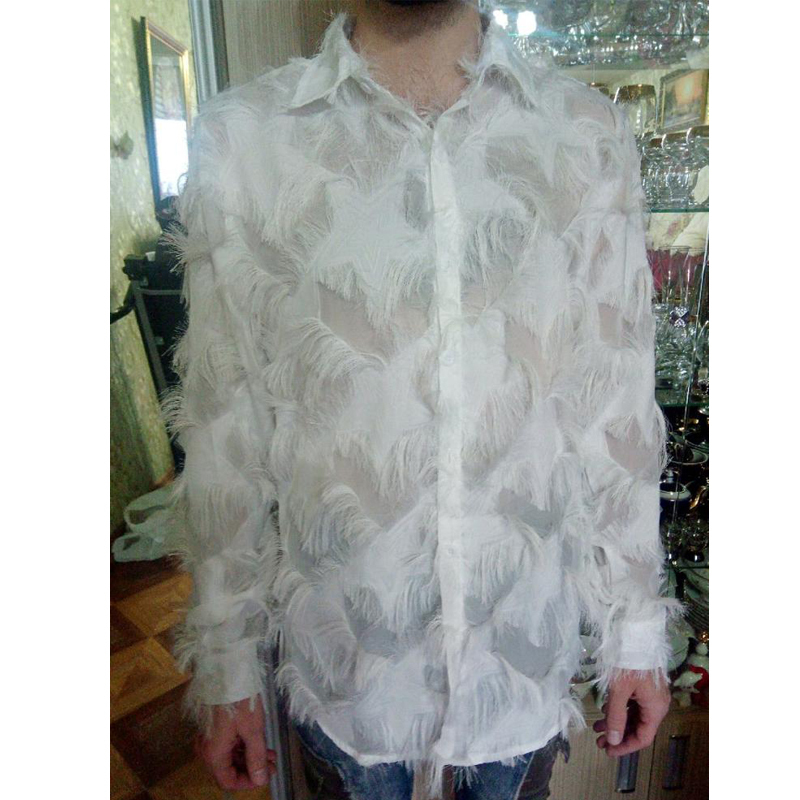 Sexy Feather Lace Shirt Men Fashion Floral Long Sleeve Dress Shirts Party Nightclub Transparent Gothic Stage Costume 220322