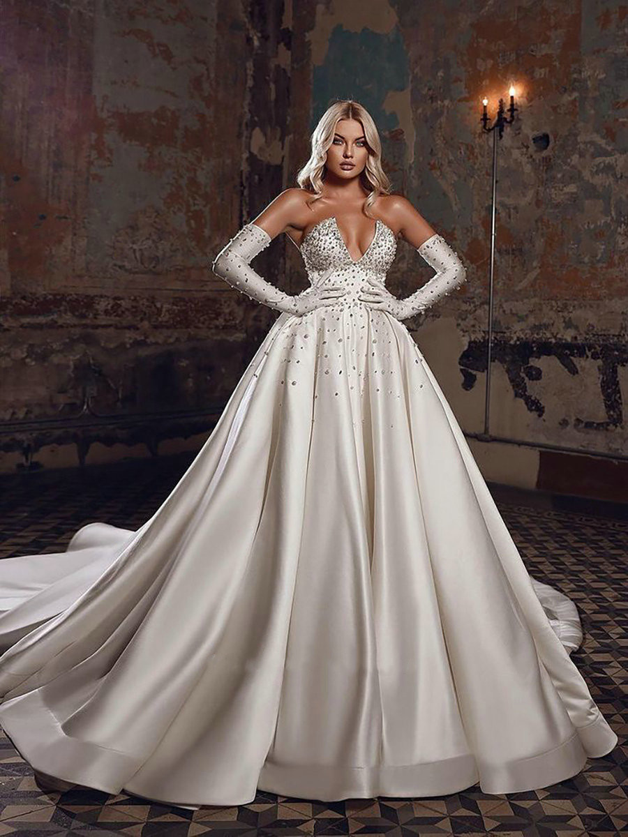 Charming Strapless Wedding Ball Dress Beading Crystal Saudi Arabic Bridal Gown Pearls Satin Dubai Dress Vestido De Novia