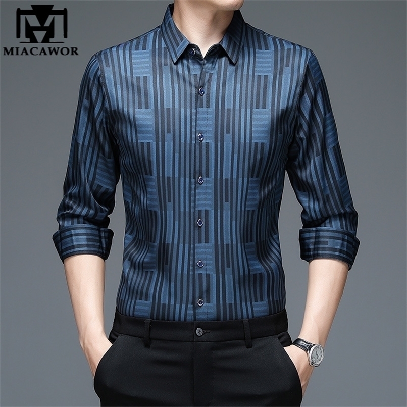 High Quality Men Shirts Striped Spring Long Sleeve Casual Shirt Silk Cotton Slim Fit Chemise Homme Clothing C790 220322