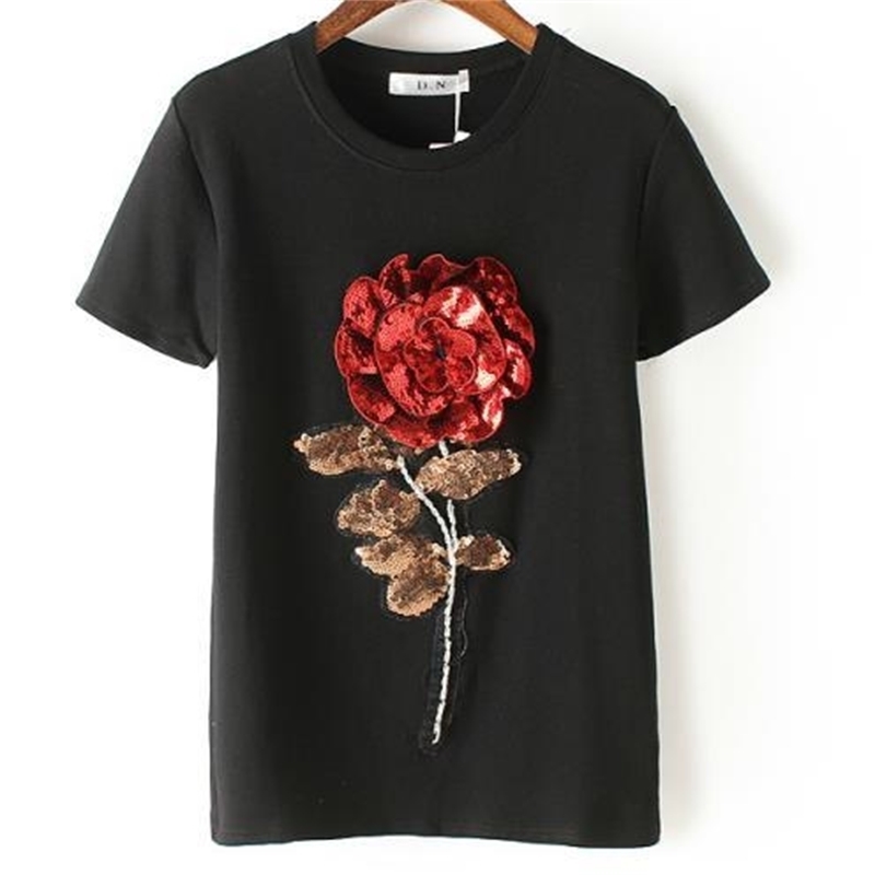 New Summer women sequin t shirt fashion cotton female rose flower tops tshirt camisetas mujer Y200412, Black
New Summer women sequin t shirt fashion cotton female rose flower tops tshirt camisetas mujer Y200412, Black