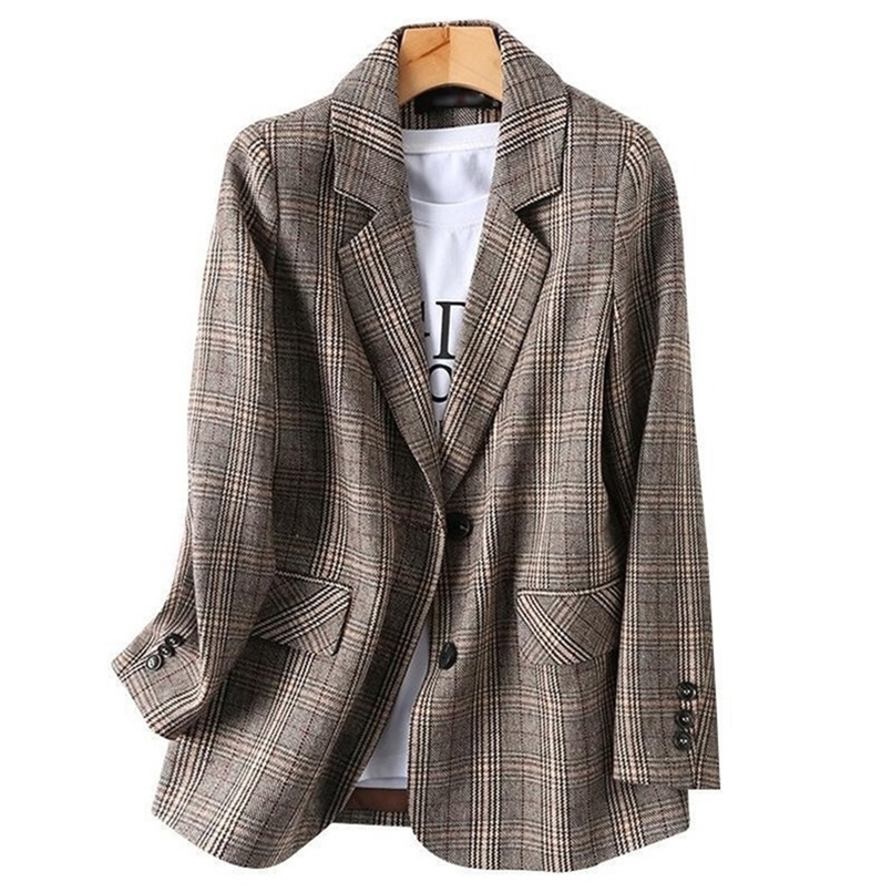 Casual Women' Suit Jacket Loose Autumn Plaid Long Sleeve Female Blazer Elegant Ladies Office Coat High Quality 220402
Casual Women' Suit Jacket Loose Autumn Plaid Long Sleeve Female Blazer Elegant Ladies Office Coat High Quality 220402
