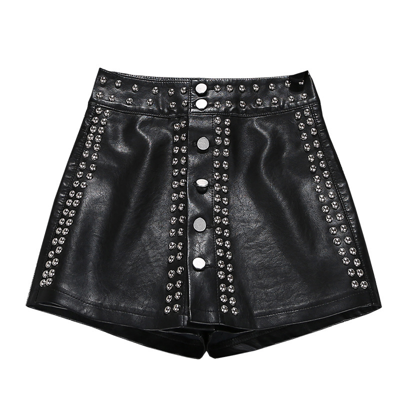 Women's High Waist A-Shaped Leather Shorts With Rivet Detail - Black