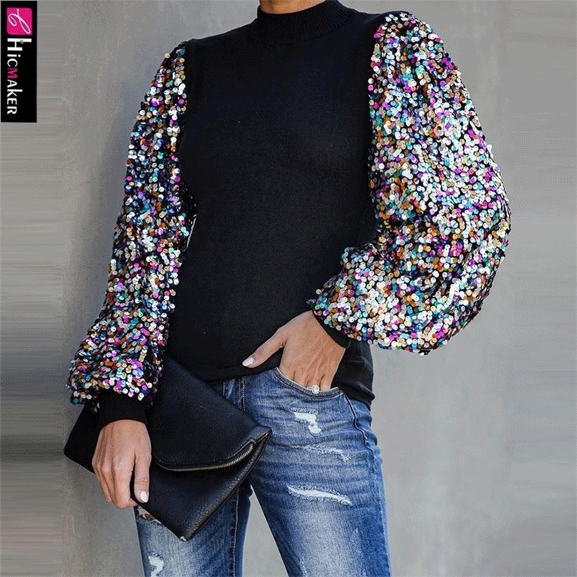 Mock Neck Lantern Sleeve Sequins Colorblock Insert Blouse Women Long Sleeve Shining Sparkly Chic Spring Fall Shirt T200322