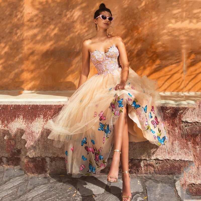 Modern Chic Embroidery Butterfly A Line Prom Dresses Pink Lace Tea Length Girls Evening Gowns 2022 Strapless Corset Celebrity Cocktail Party Dress Hom